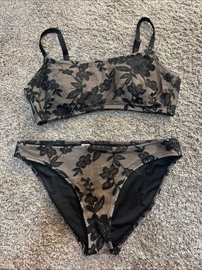 American Eagle Outfitters Black Floral Mesh Bikini Set